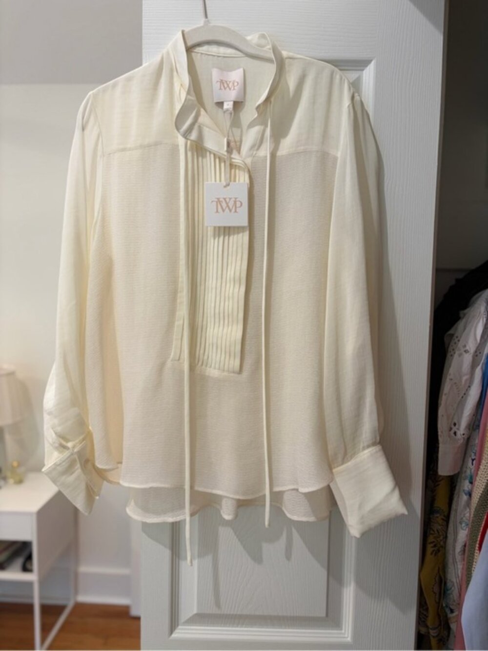 TWP Cream Pleated Tie-Neck Blouse